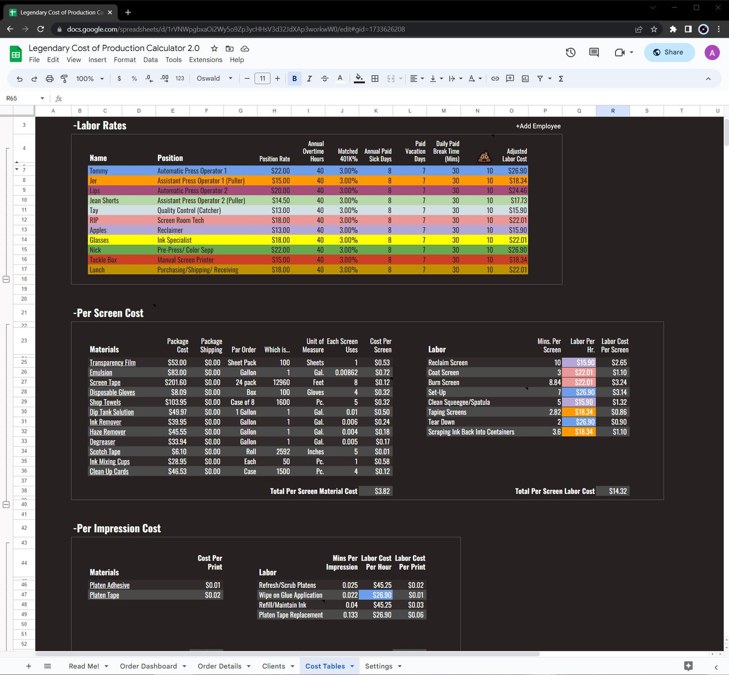 Legendary Cost of Production Calculator 2.0